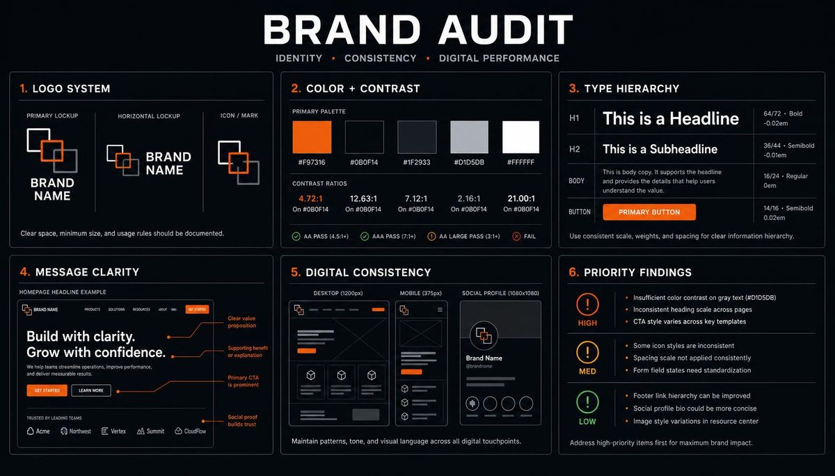 Brand audit sheet covering logo system, color contrast, type hierarchy and priority findings